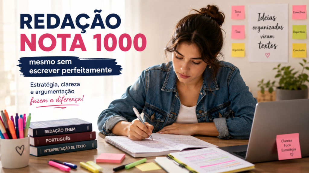 Estudante escrevendo redação com foco e organização para melhorar a nota no ENEM