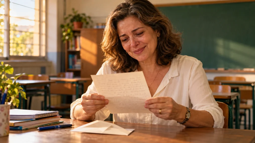 Professora emocionada lê uma carta de agradecimento em sala de aula.