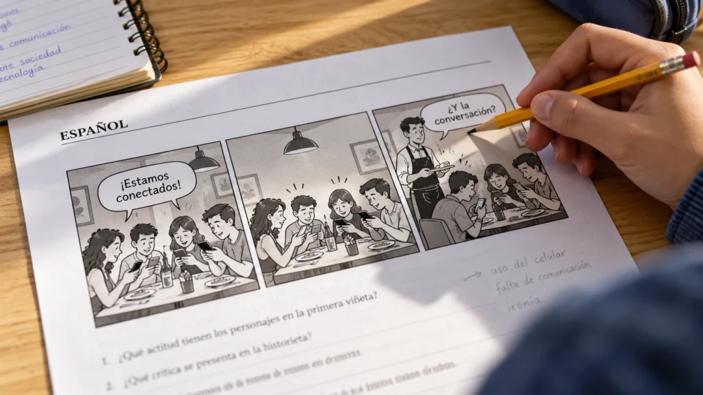 Para interpretar charges em espanhol no Enem, relacione o que os personagens dizem com o que a imagem mostra.