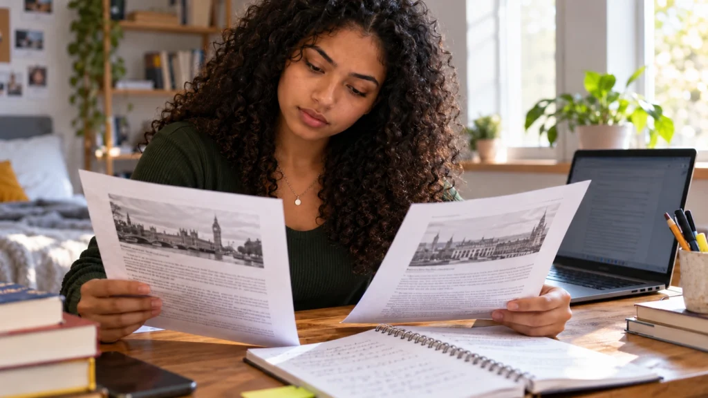 - Estudante compara exercícios de inglês e espanhol durante a preparação para o Enem.