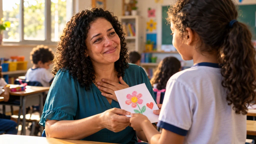 Professora emocionada recebe cartão de uma aluna em homenagem ao Dia dos Professores.