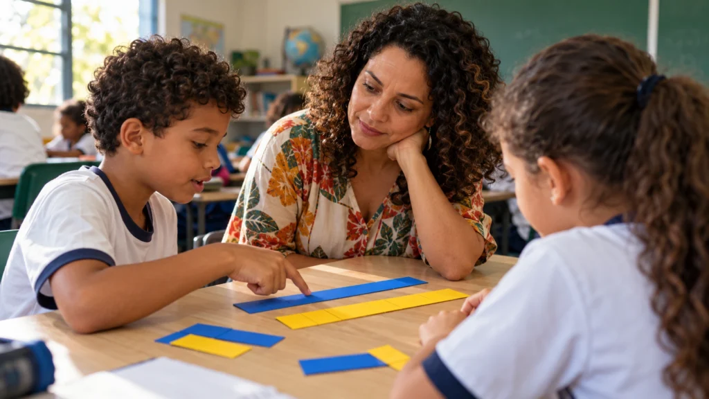 Professora organiza um plano de aula com caderno e materiais pedagógicos