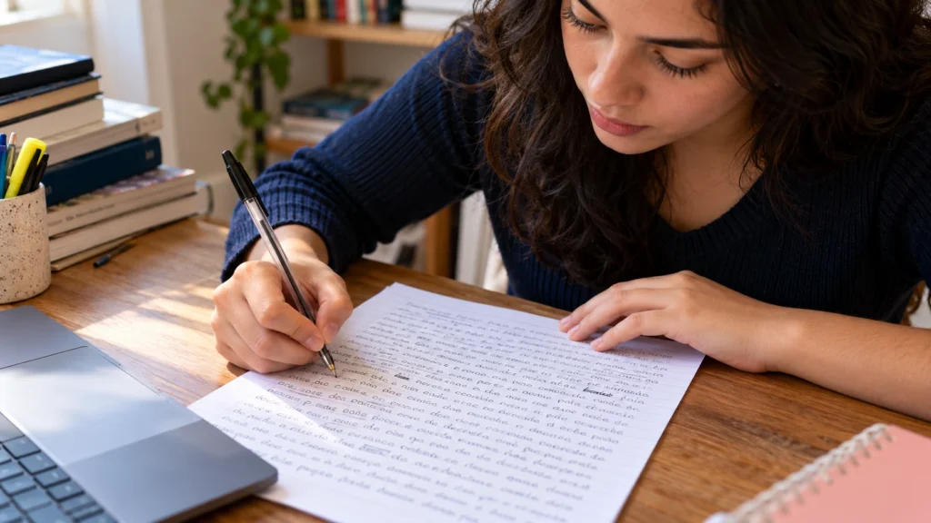Estudante revisa uma redação manuscrita de treino com caneta preta.