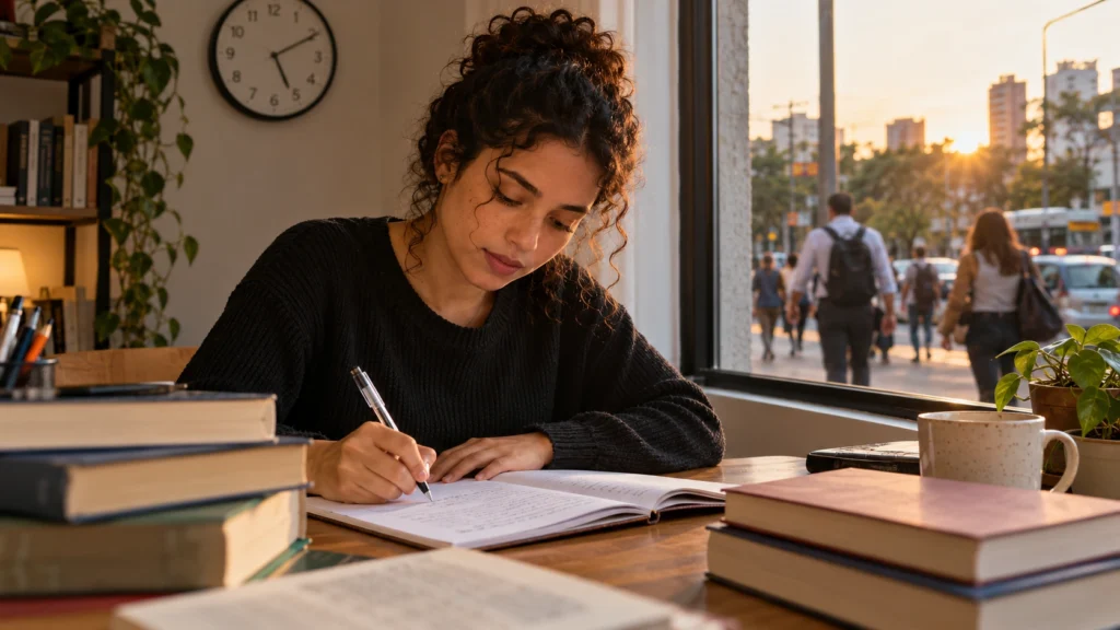 Estudante prepara redação sobre jornada de trabalho e descanso.
