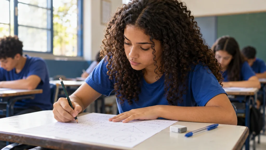 Estudante resolve exercícios de matemática em sala de aula.
