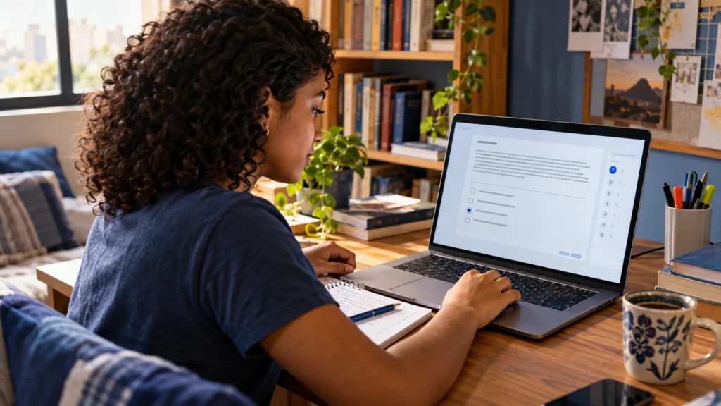 Estudante responde a um simulado enem online no notebook.