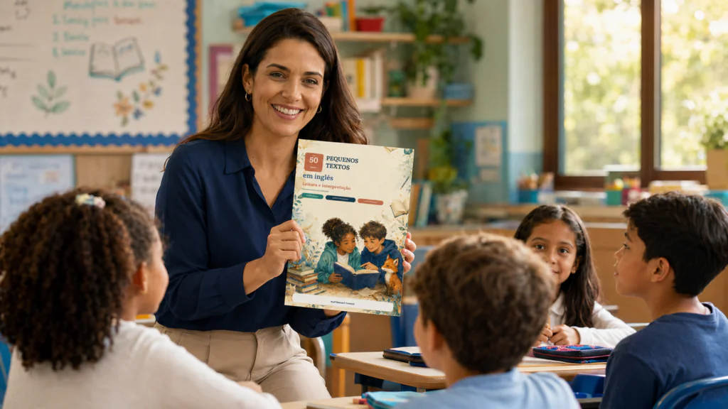 Professora apresentando o ebook 50 Pequenos Textos em Inglês para o 6º Ano